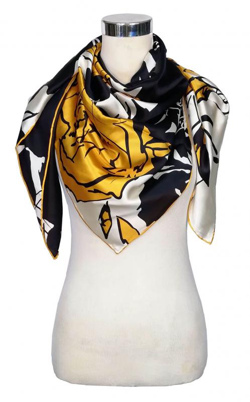 Foulard Shawl Silk Satin 110X110 White Black Gold